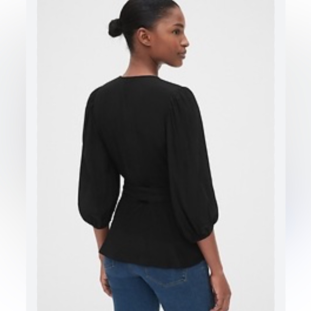 Gap Semi Sheer Wrap Balloon Sleeve Blouse Top Black